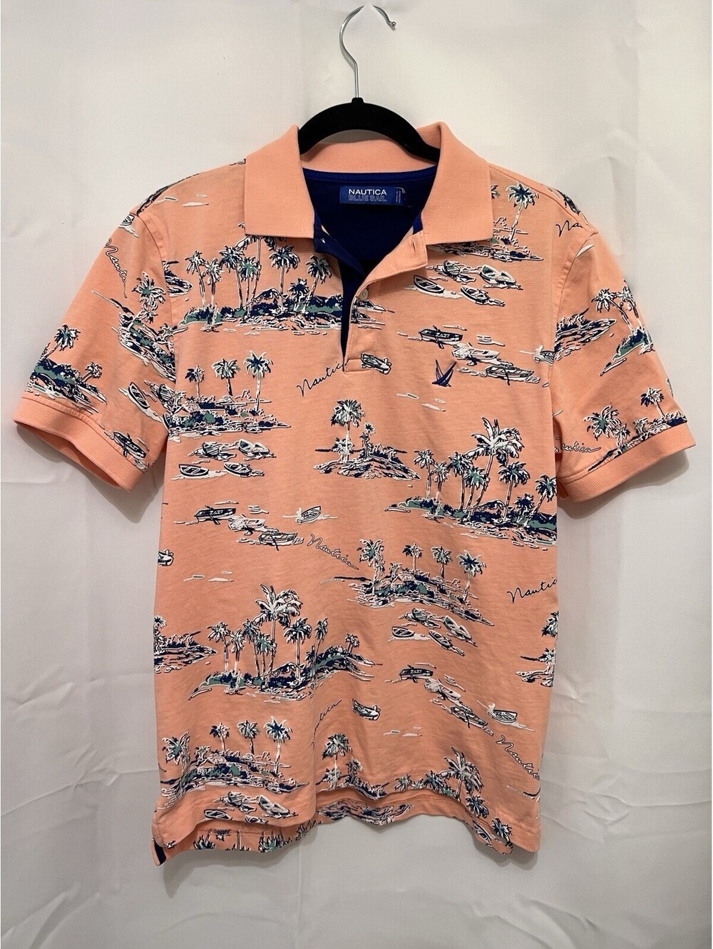 Nautica Blue Sail Mens Polo Shirt Large Peach Tropical Island Boat Print Cotton